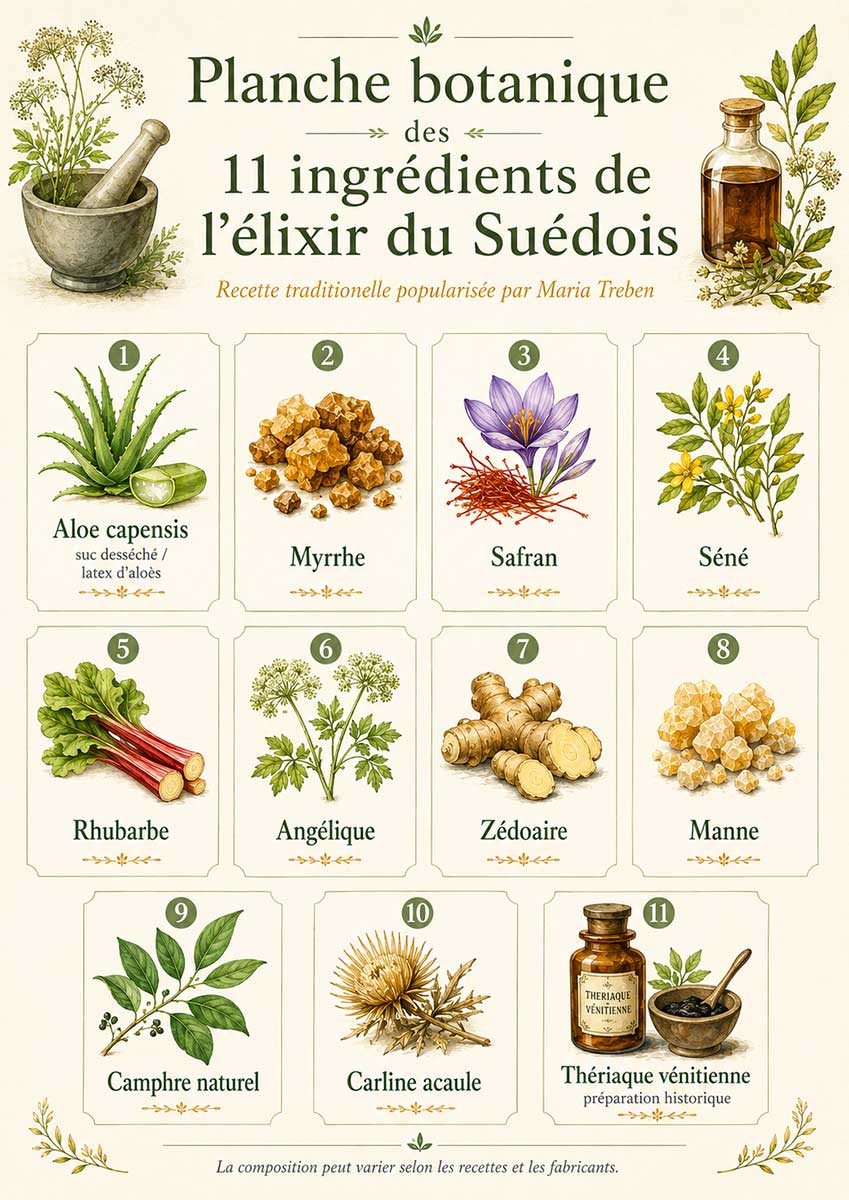 Planche botanique des 11 ingrédients de l'Élixir du Suédois | Aloe Magazine