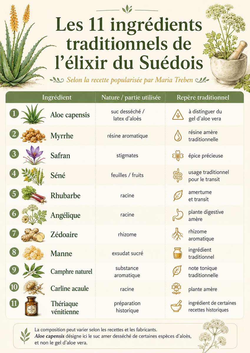 Tableau des plantes et ingrédients de l'Élixir du Suédois et des parties utilisées | Aloe Magazine